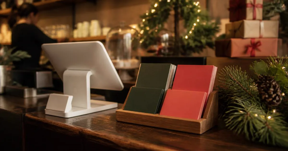 Wooden countertop display of dark green and coral gift cards beside a white Clover point-of-sale tablet in a coffee shop decorated with pine garland and wrapped gifts